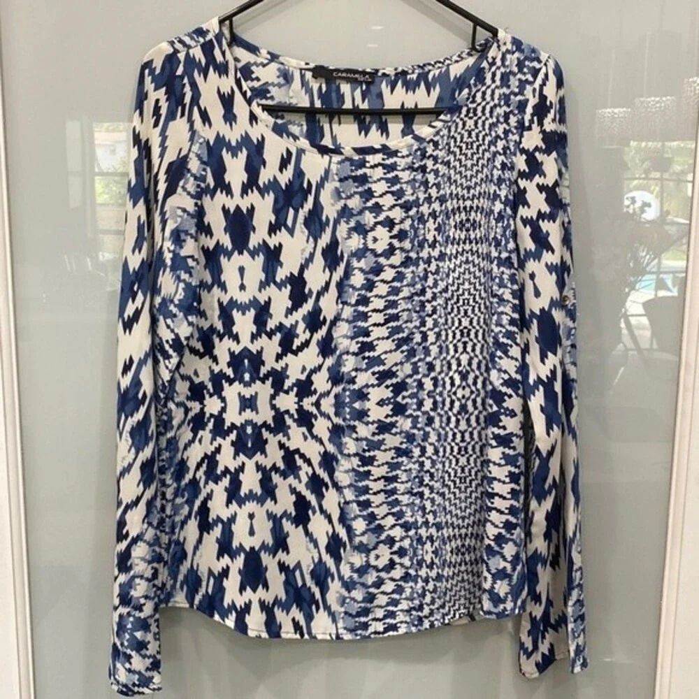 Caramela Women's White Blue Geometric Pattern Long Sleeve Blouse Dress Top Sz S